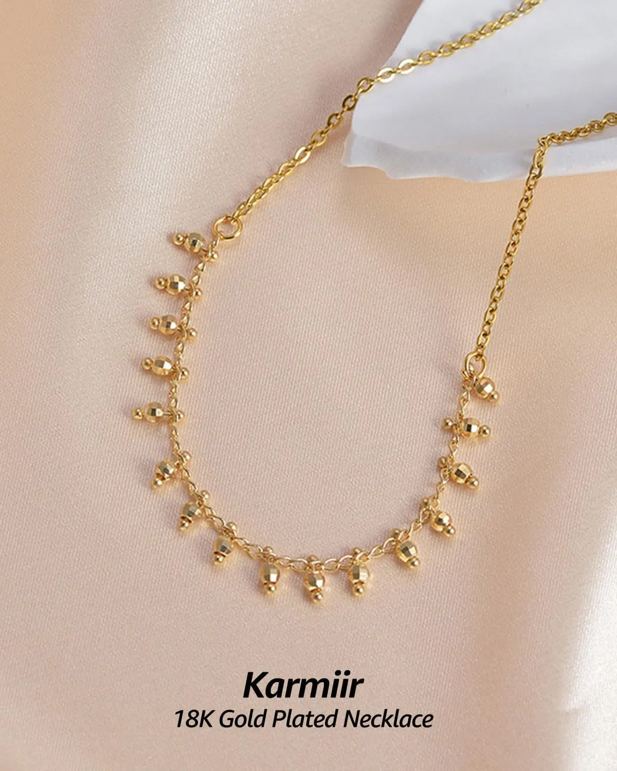 18K Gold Plated Necklace Chain with Multi-Facet Small Gold ball Beaded Fringe, Adjustable 17   2 Delicate Collarbone Necklace Jewelry for Women