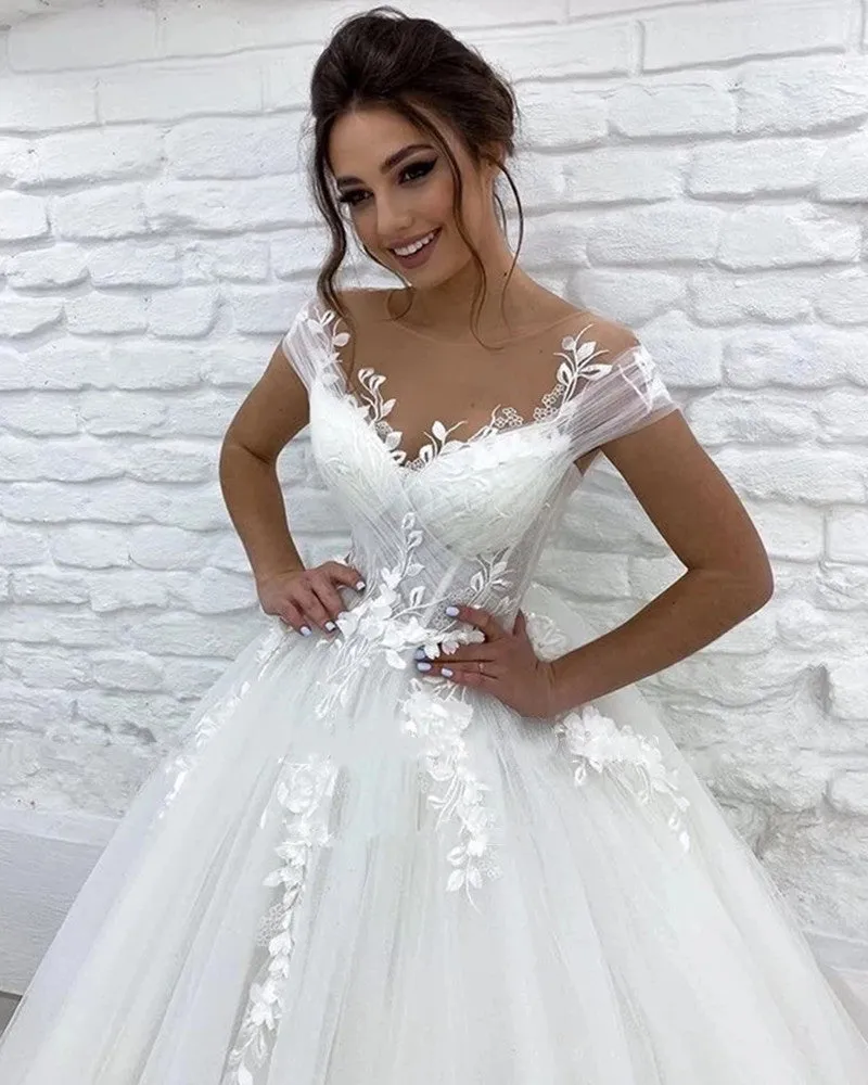 3D Flowers Off The Shoulder Bridal A Line Sweep Train Wedding Gown