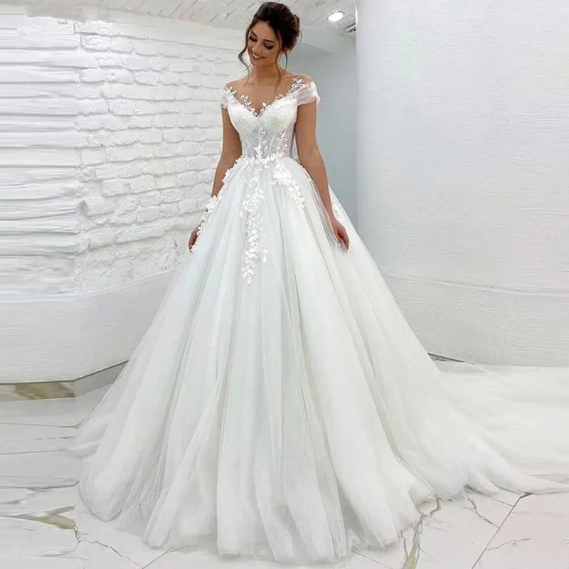 3D Flowers Off The Shoulder Bridal A Line Sweep Train Wedding Gown