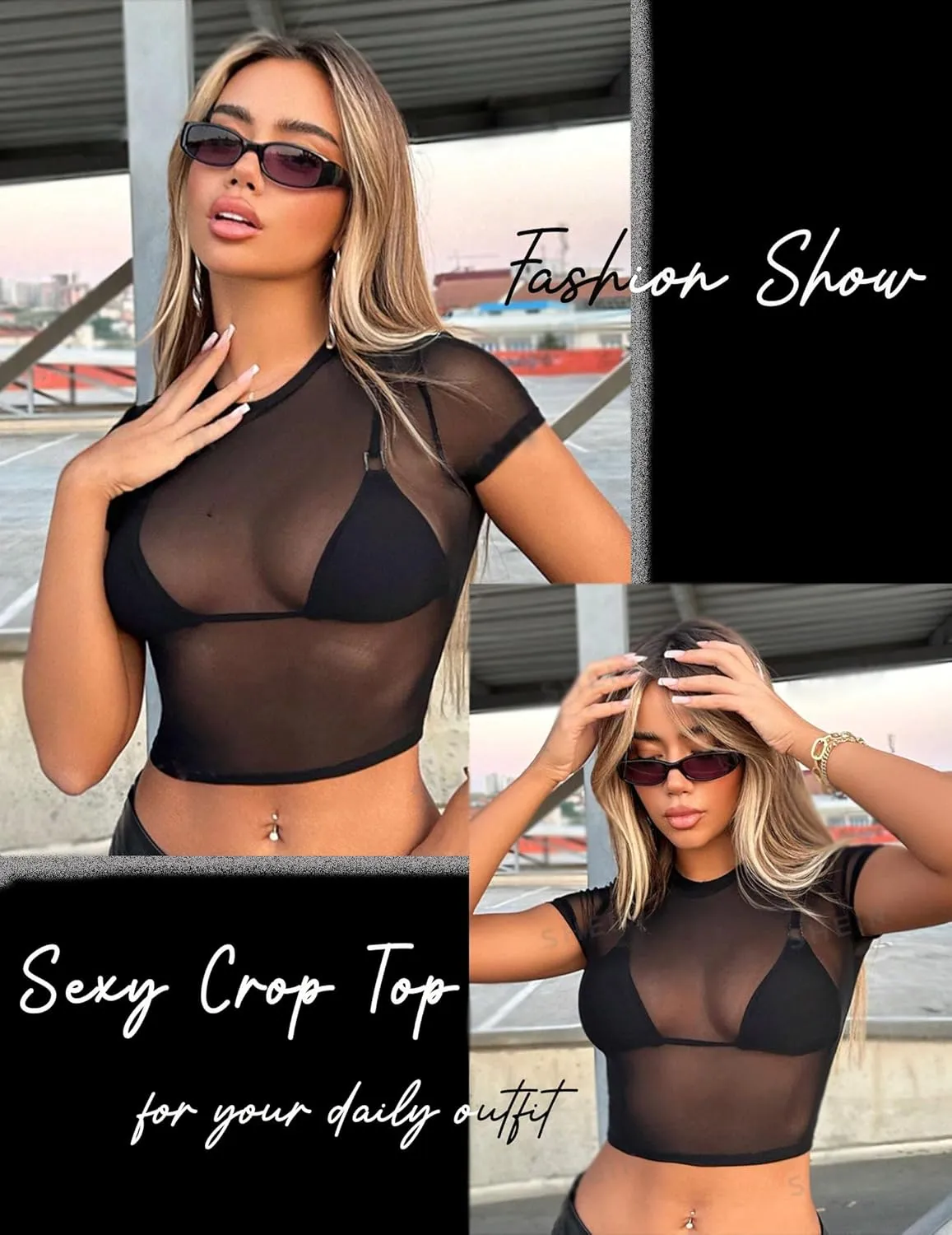 ADOME Mesh Top Mesh Crop Top Plus Sheer Cropped Shirt Black Crop Short Sleeve S-XXL