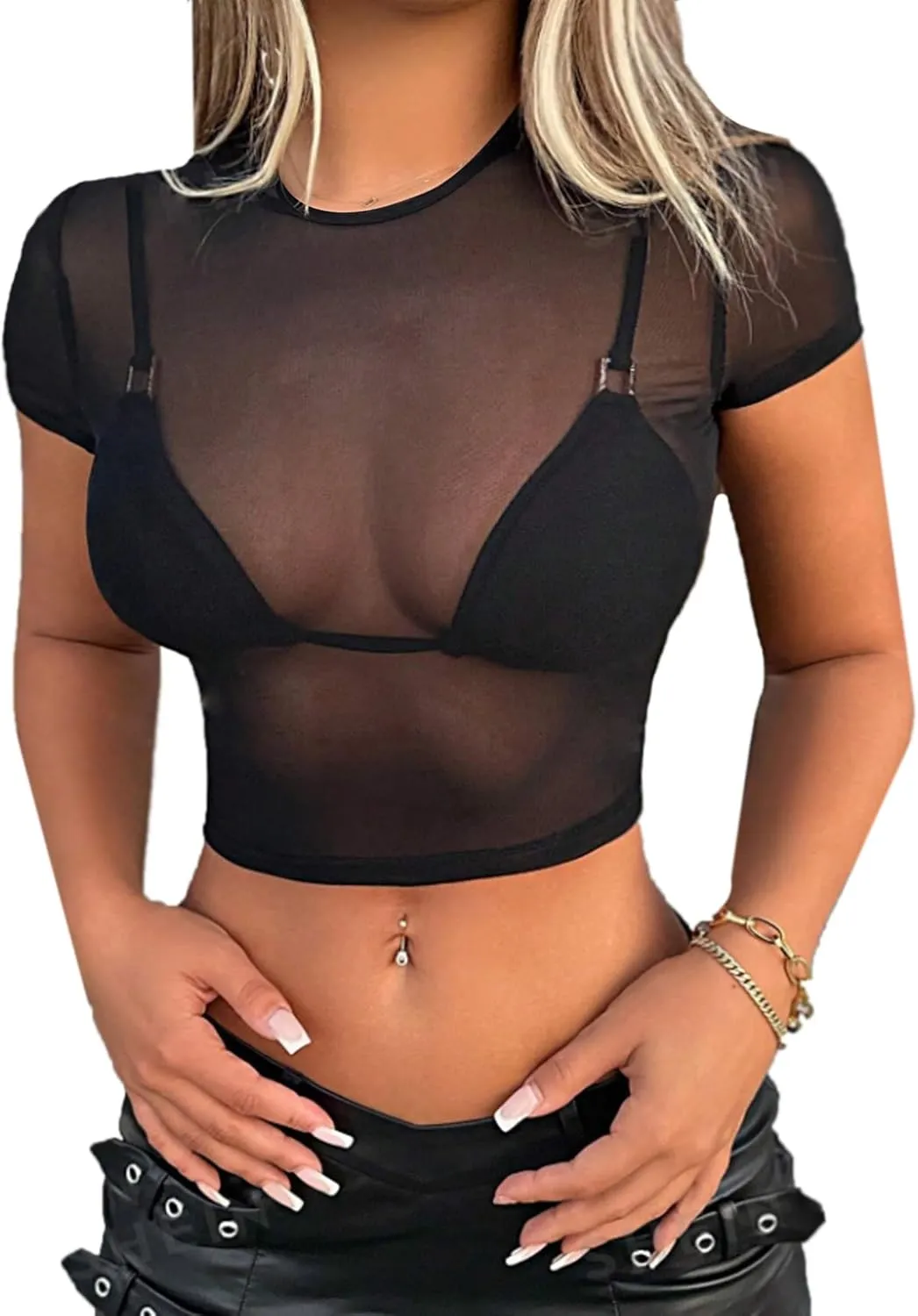 ADOME Mesh Top Mesh Crop Top Plus Sheer Cropped Shirt Black Crop Short Sleeve S-XXL