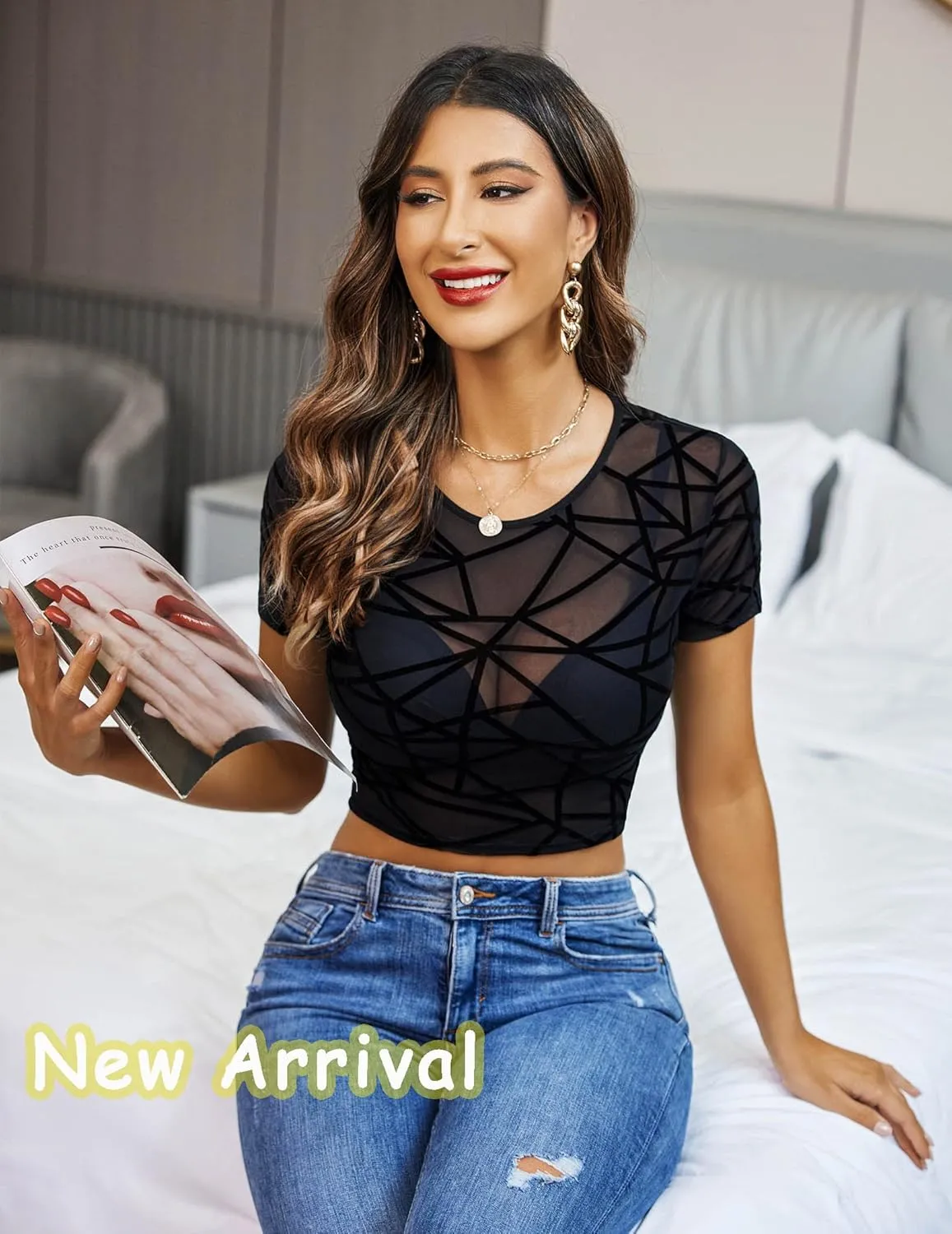 ADOME Mesh Top Mesh Crop Top Plus Sheer Cropped Shirt Black Crop Short Sleeve S-XXL
