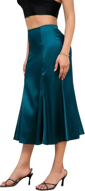 ALCEA ROSEA Womens Silky Satin Midi Skirt High Waist Elastic Waist A Line Skirt with Slit