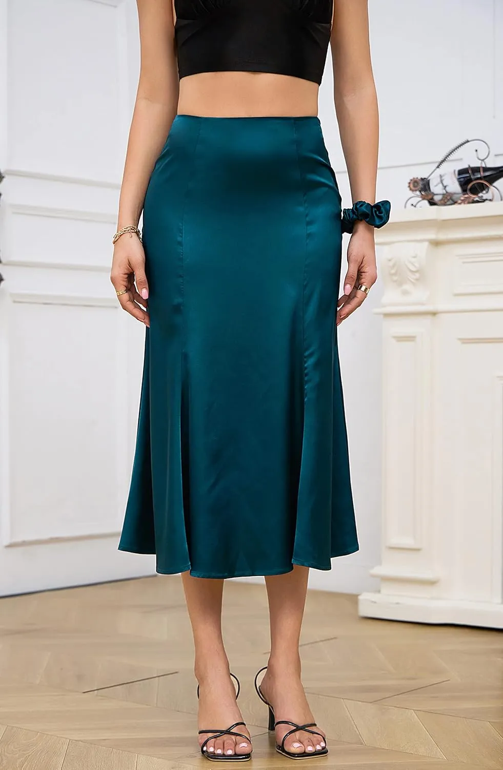 ALCEA ROSEA Womens Silky Satin Midi Skirt High Waist Elastic Waist A Line Skirt with Slit