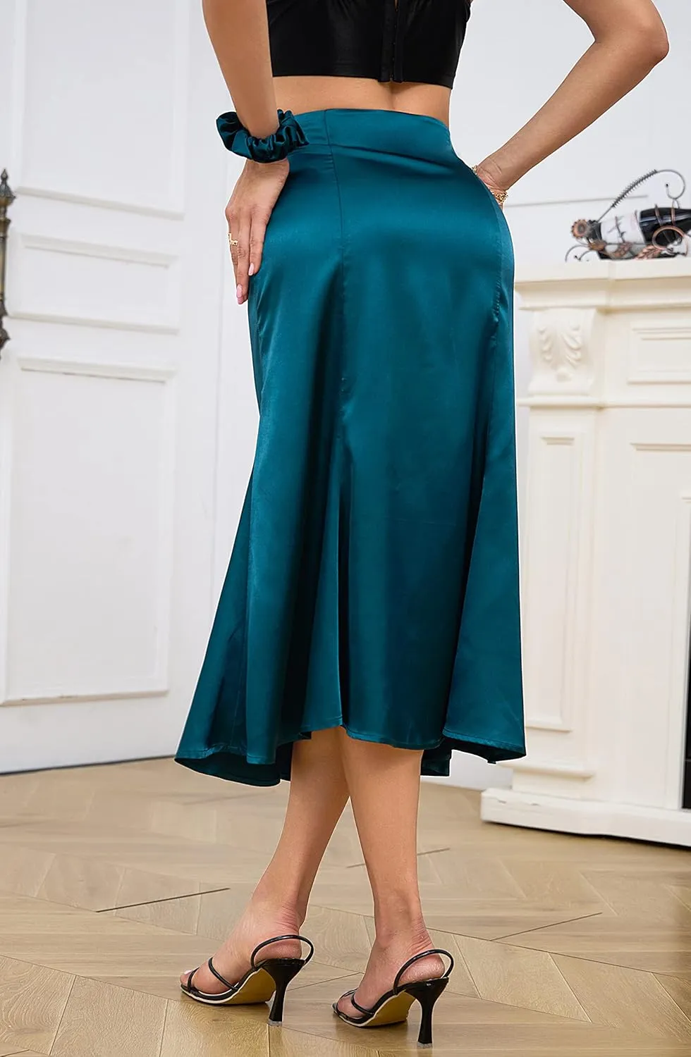 ALCEA ROSEA Womens Silky Satin Midi Skirt High Waist Elastic Waist A Line Skirt with Slit