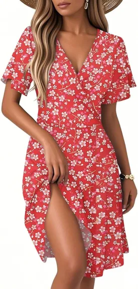 Beach Dresses for Women 2025 Vacation Knee Length Dress Summer Short Sleeve Modest V Neck Floral Bell Dress