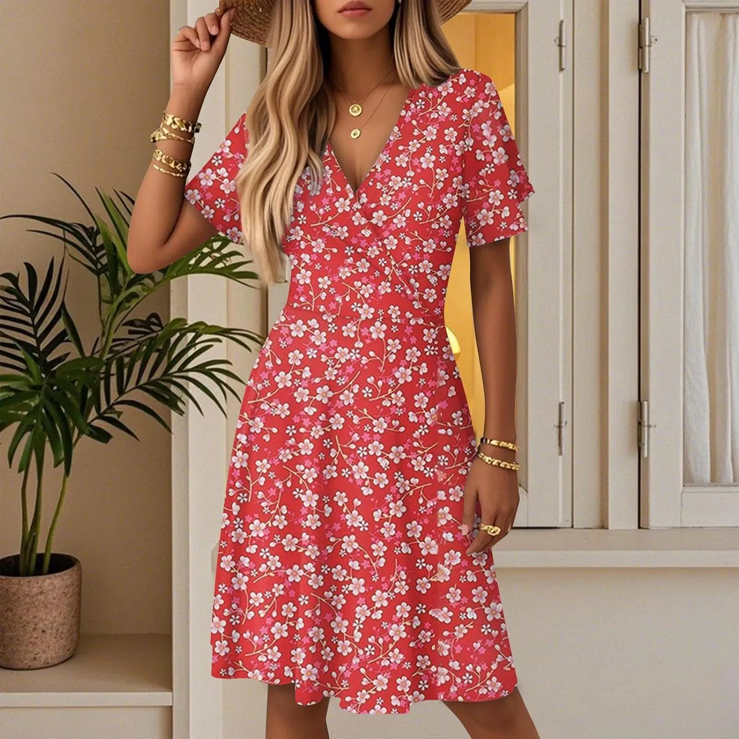 Beach Dresses for Women 2025 Vacation Knee Length Dress Summer Short Sleeve Modest V Neck Floral Bell Dress