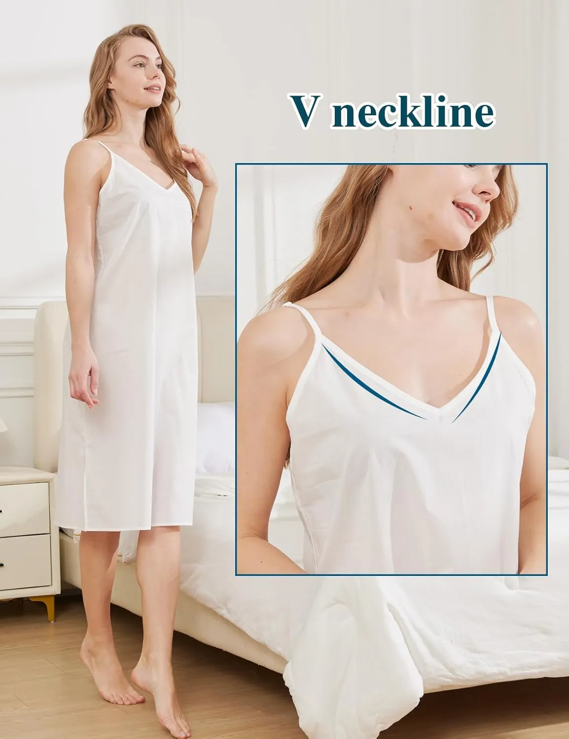 BEAUTELICATE Women Longer Slip 100% Cotton Full Slip with Side Split Under Dress Knee Length Adjustable Straps