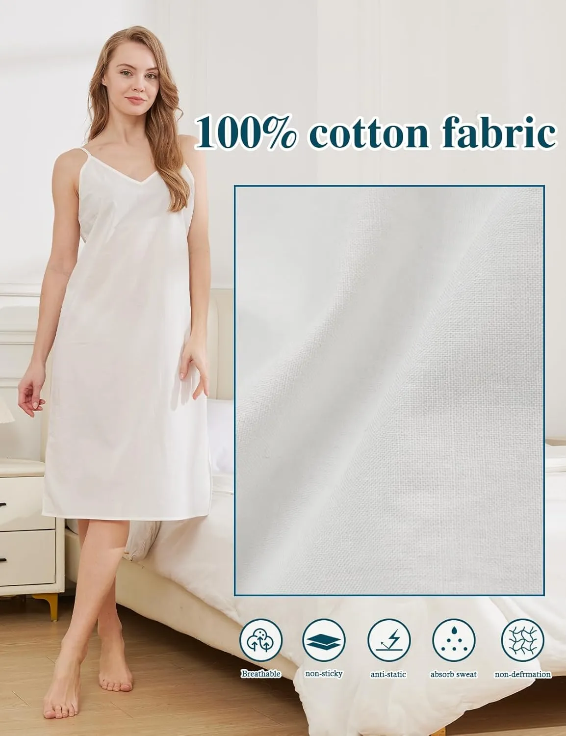 BEAUTELICATE Women Longer Slip 100% Cotton Full Slip with Side Split Under Dress Knee Length Adjustable Straps