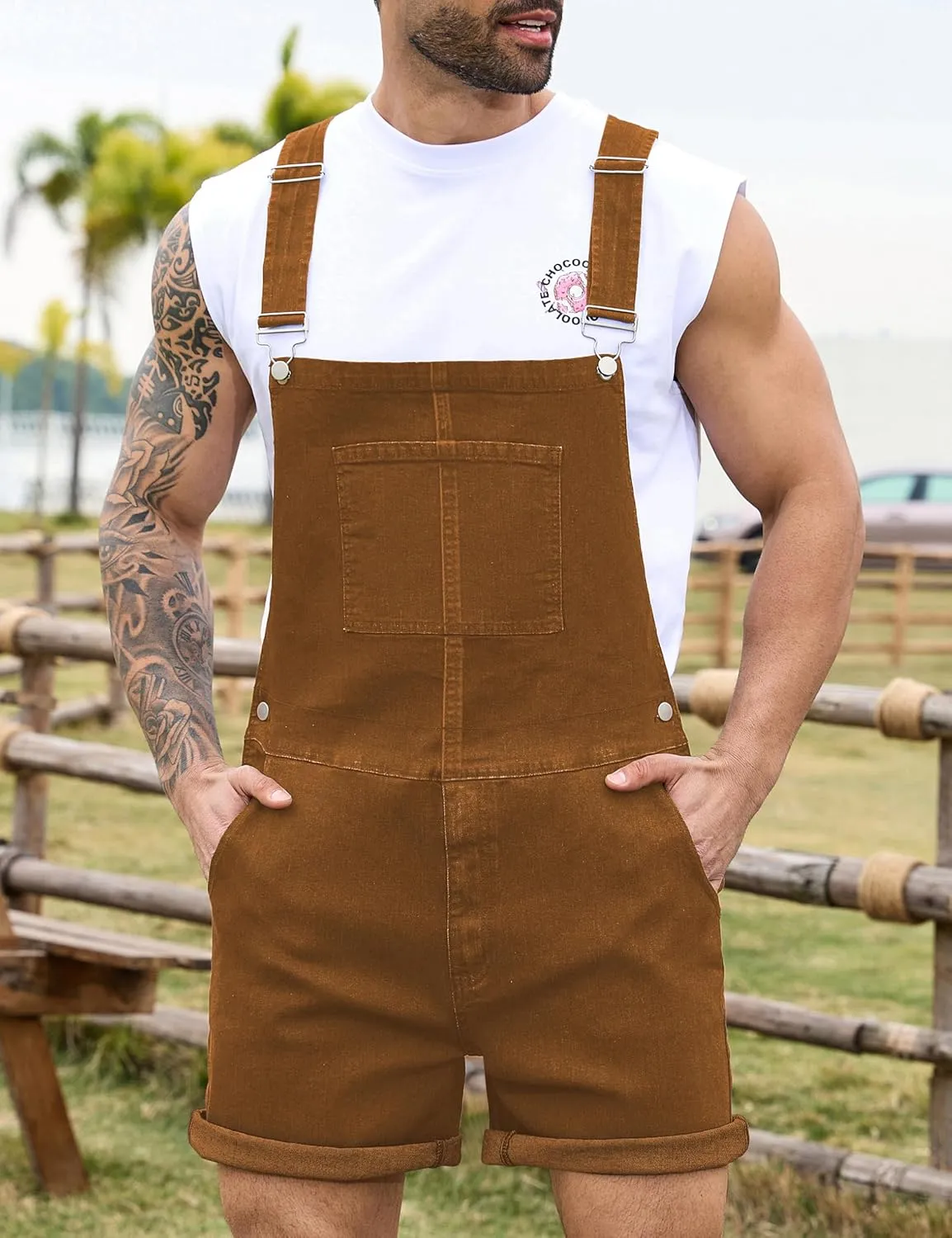 Bindefon Denim Overalls for Men Jean Shorts Jumpsuit Work Bibs Coveralls with Zipper