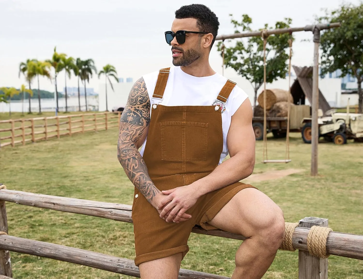 Bindefon Denim Overalls for Men Jean Shorts Jumpsuit Work Bibs Coveralls with Zipper