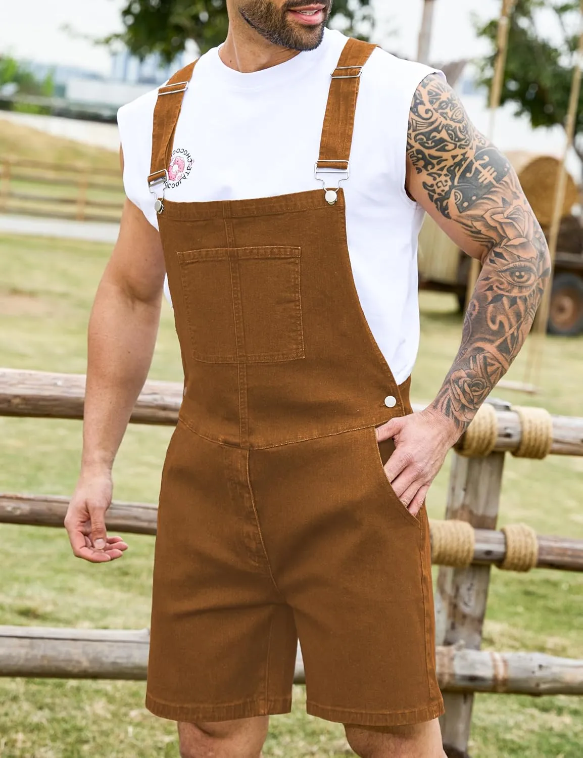 Bindefon Denim Overalls for Men Jean Shorts Jumpsuit Work Bibs Coveralls with Zipper