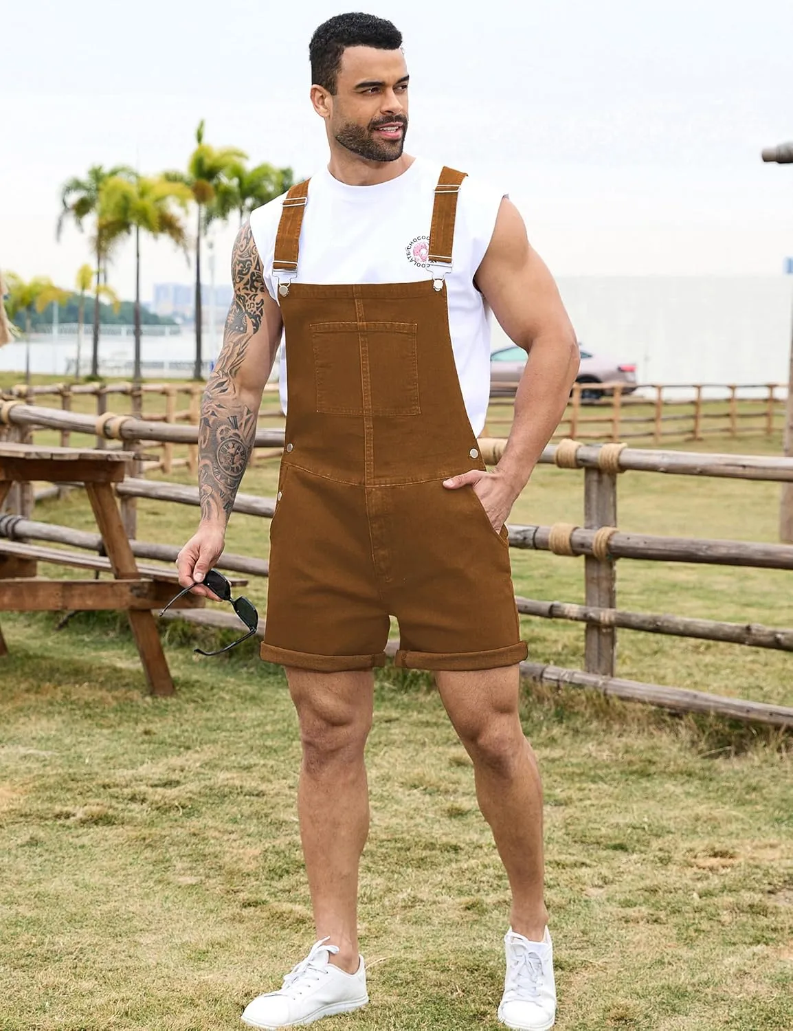 Bindefon Denim Overalls for Men Jean Shorts Jumpsuit Work Bibs Coveralls with Zipper