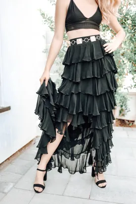 Black High Waist Tiered Ruffle Skirt