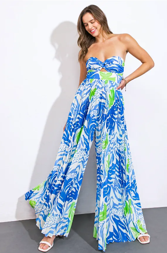 Blue Tropical Pleated Jumpsuit