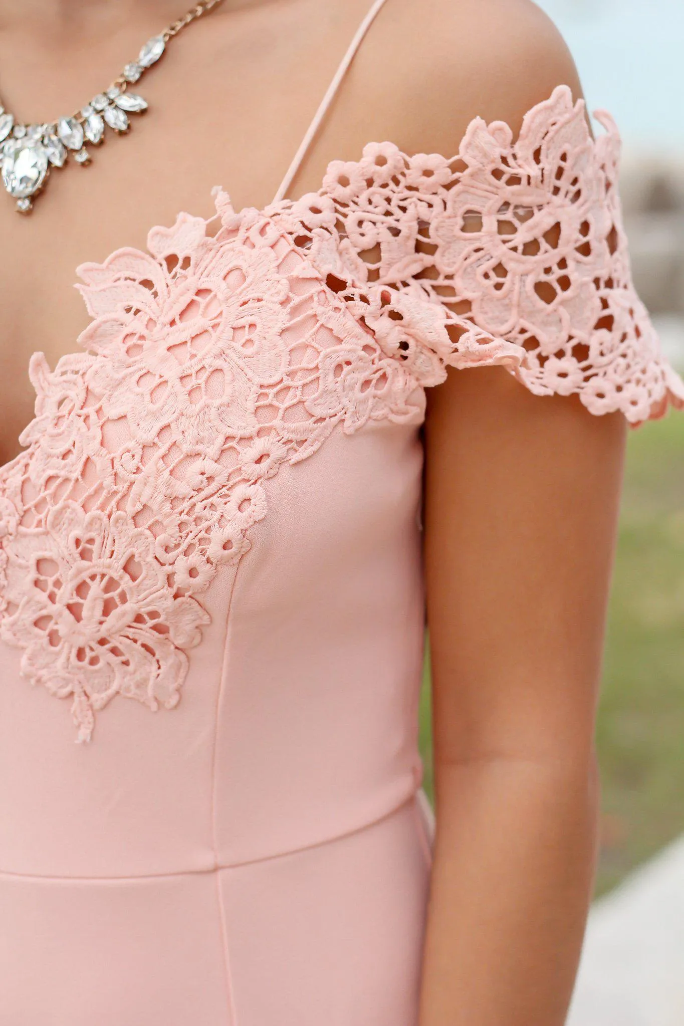 Blush Off Shoulder Maxi Dress with Crochet Detail