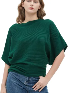 Boat Neck Short Batwing Sleeve Pullover Knit Sweaters Off Shoulder Cute Tops for Women
