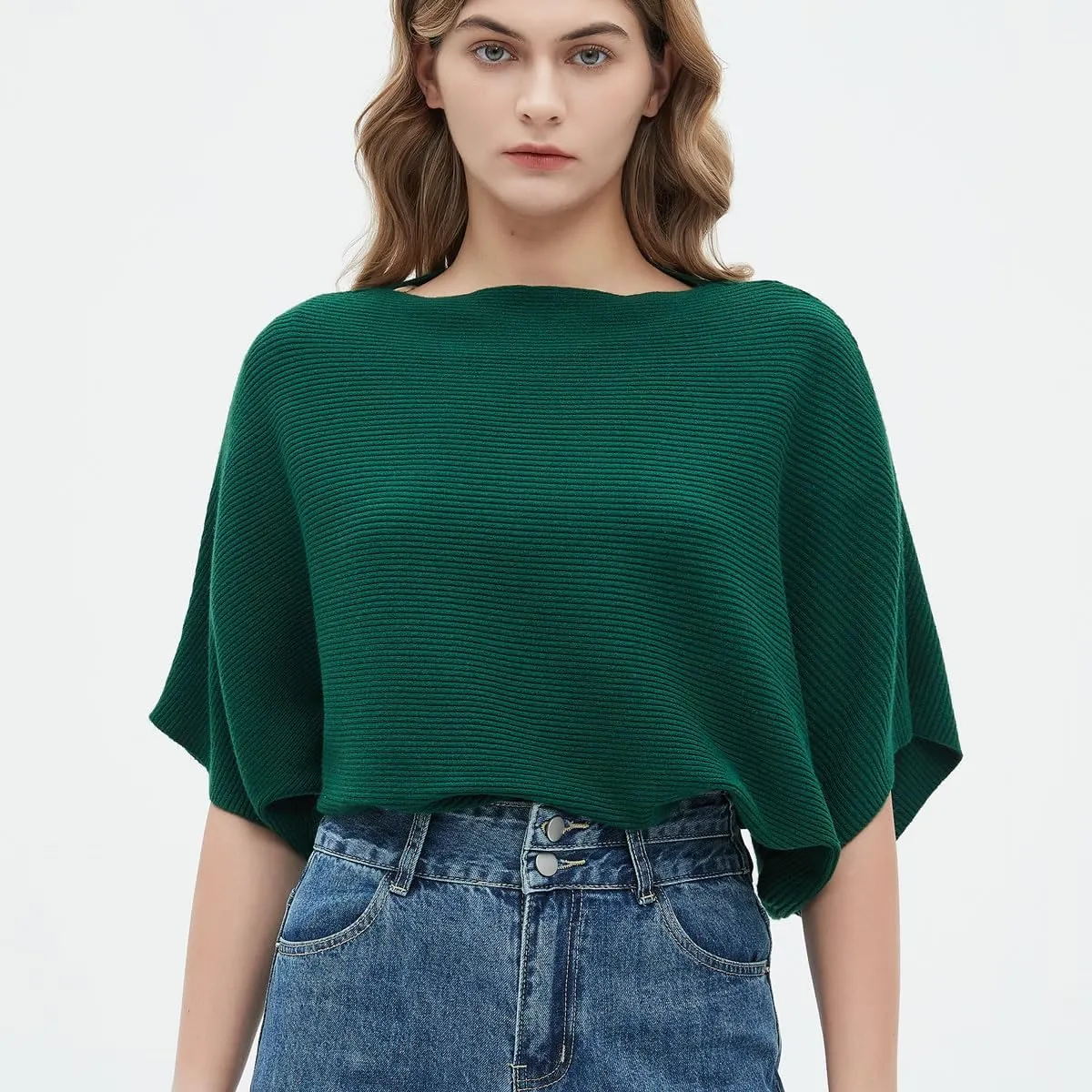 Boat Neck Short Batwing Sleeve Pullover Knit Sweaters Off Shoulder Cute Tops for Women