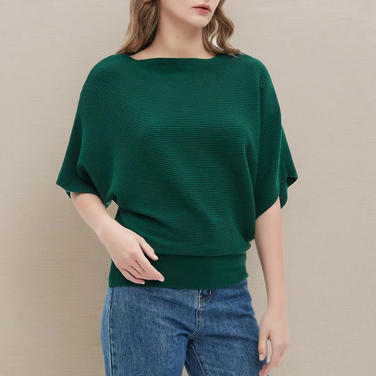 Boat Neck Short Batwing Sleeve Pullover Knit Sweaters Off Shoulder Cute Tops for Women