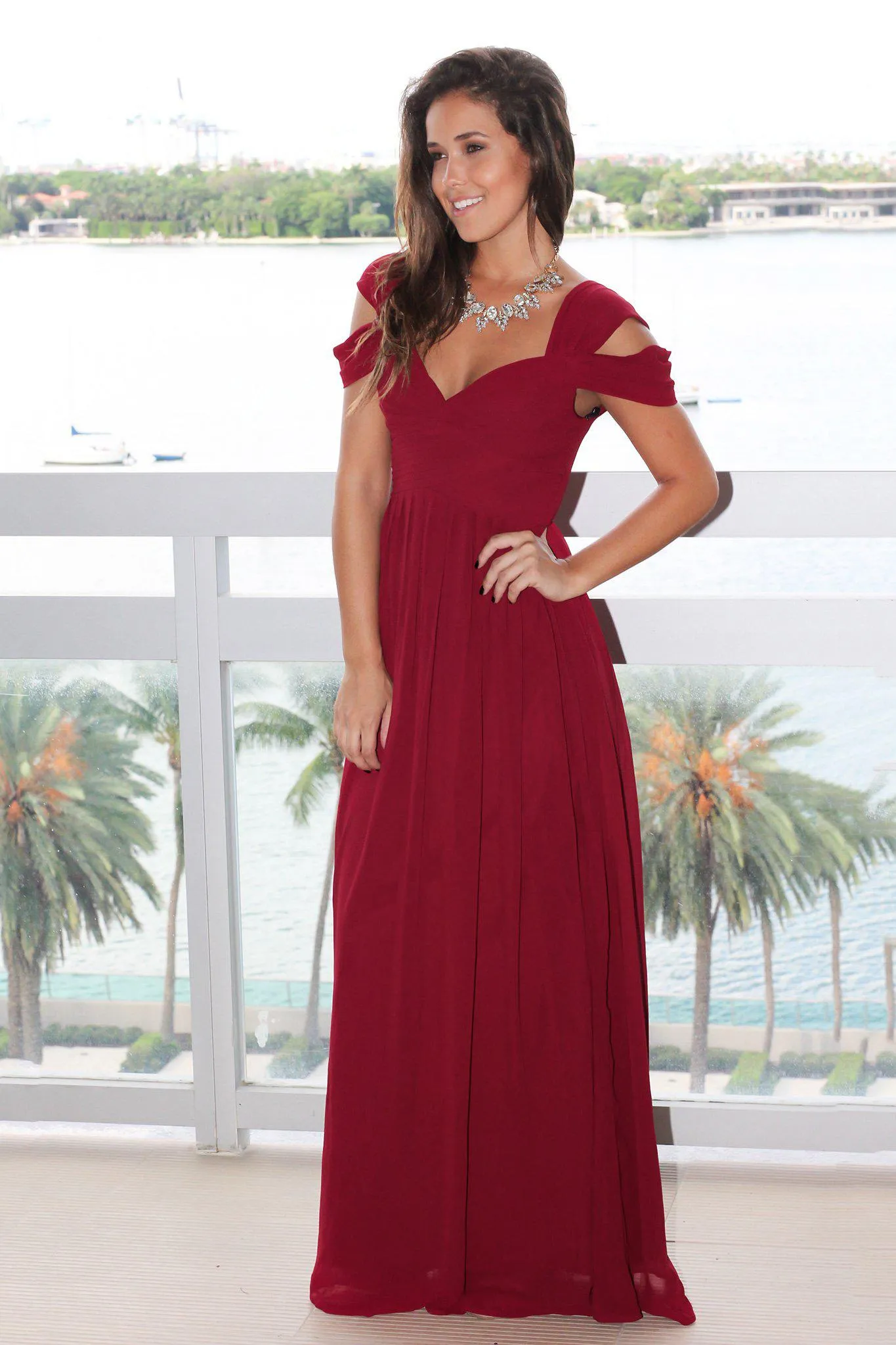 Burgundy Off Shoulder Maxi Dress