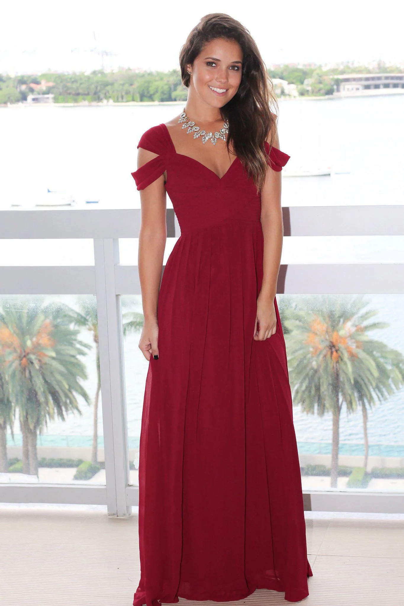 Burgundy Off Shoulder Maxi Dress