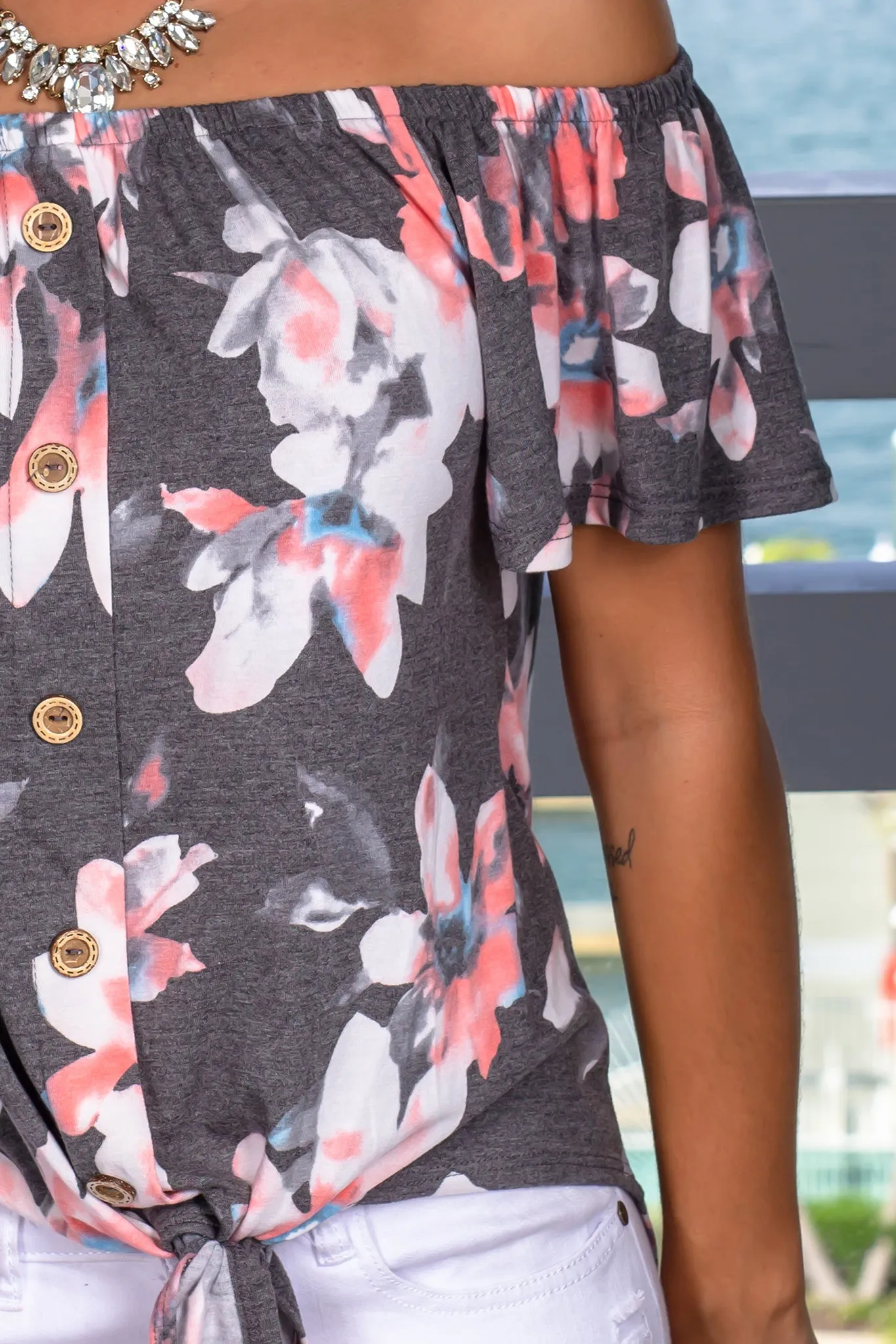 Charcoal Off Shoulder Top with Front Tie