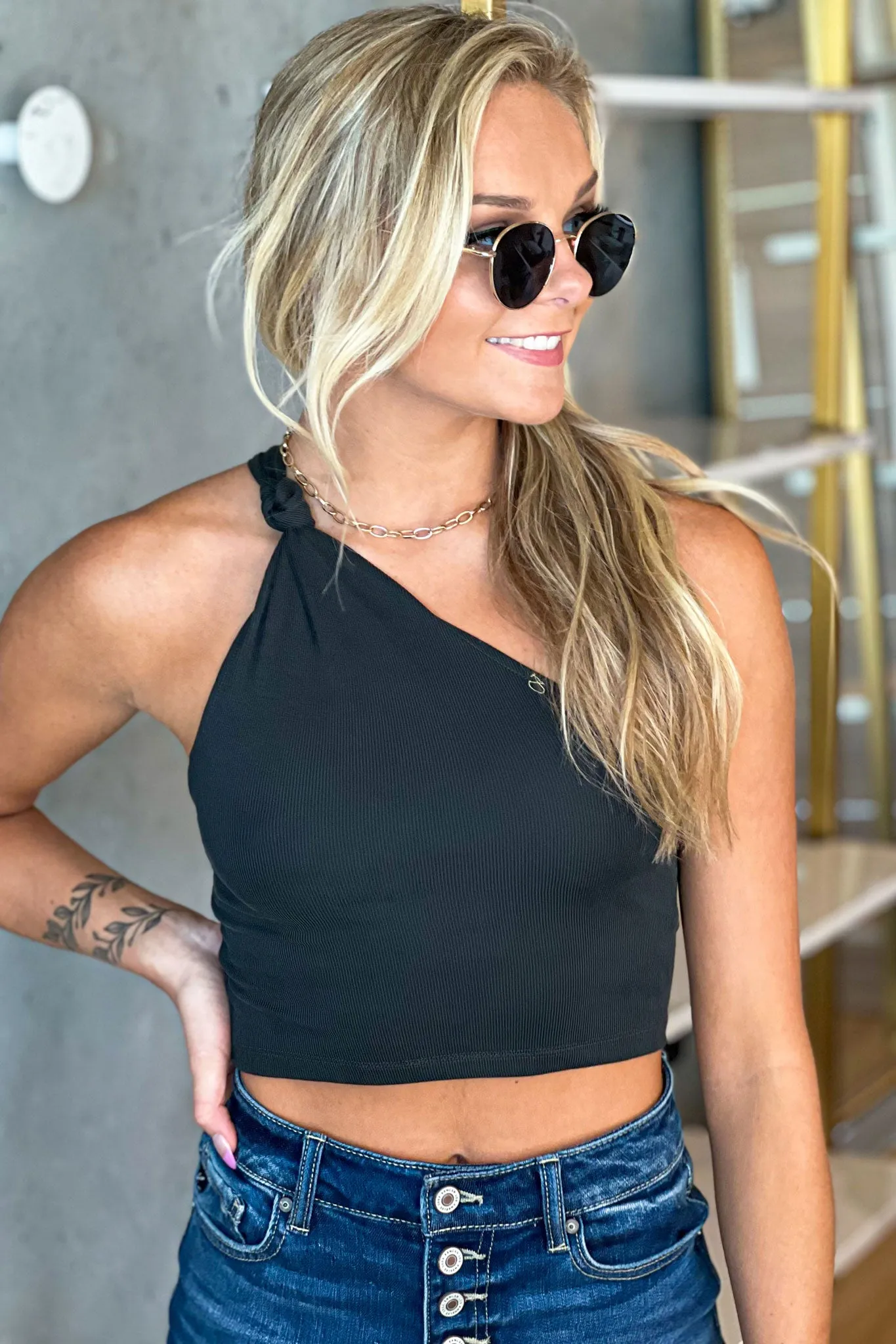 Charcoal One Shoulder Crop Top