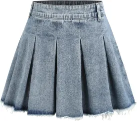 CIDER Women's Denim High Waist Pleated Raw Hem Mini Skirt