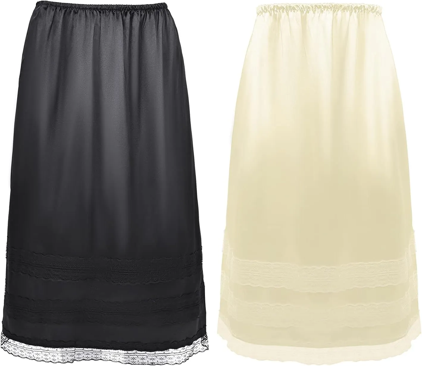 Coucoland 2 Pcs Half Slip Long Underskirt Undergarments Slip Lace Trim Soft Satin Skirt Dress Extender for Women