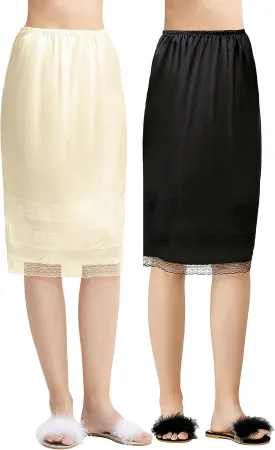 Coucoland 2 Pcs Half Slip Long Underskirt Undergarments Slip Lace Trim Soft Satin Skirt Dress Extender for Women