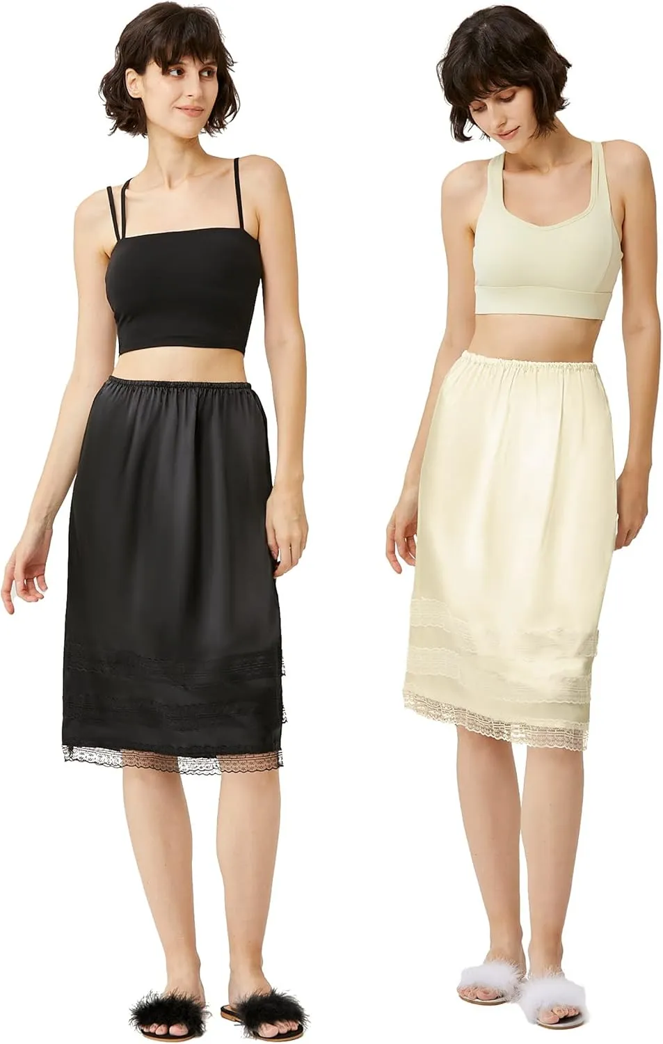 Coucoland 2 Pcs Half Slip Long Underskirt Undergarments Slip Lace Trim Soft Satin Skirt Dress Extender for Women