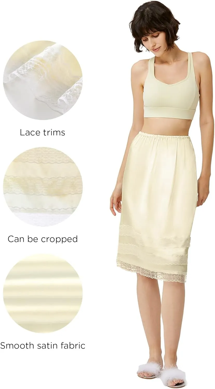 Coucoland 2 Pcs Half Slip Long Underskirt Undergarments Slip Lace Trim Soft Satin Skirt Dress Extender for Women