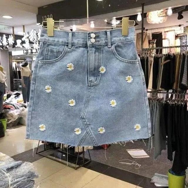 Denim Skirt with Daisy Embroidery