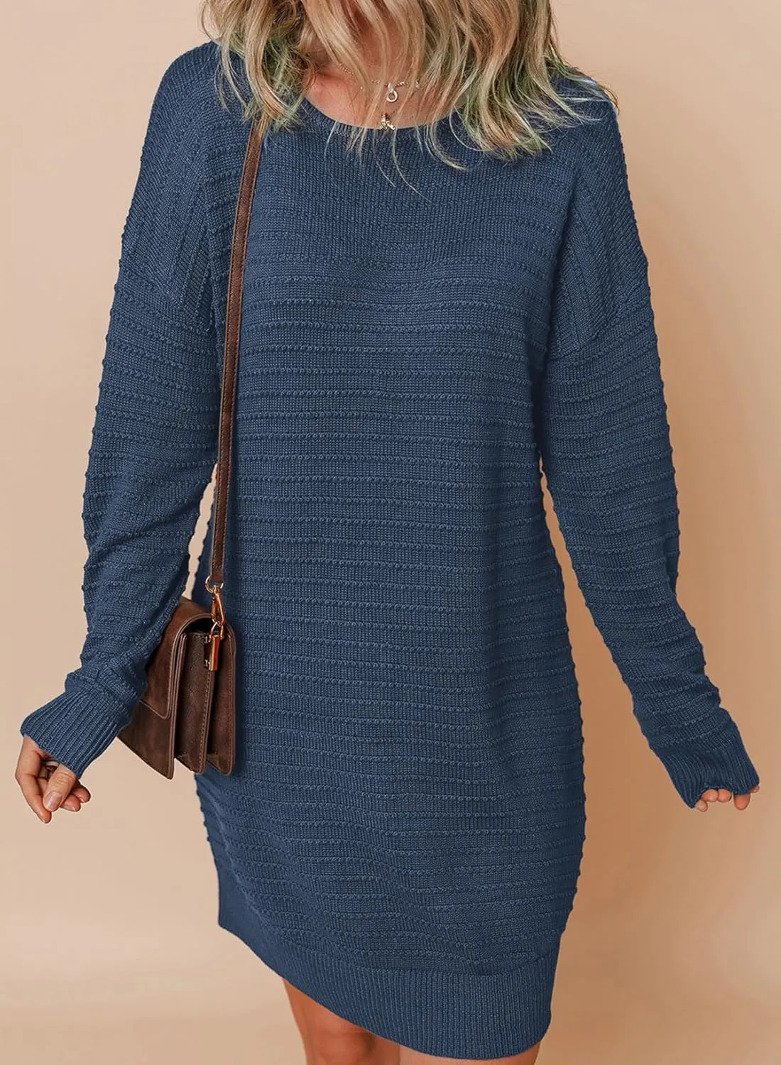 Dokotoo Womens Sweater Dresses 2024 Trendy Casual Crew Neck Long Sleeve Textured Pullover Knit Dress