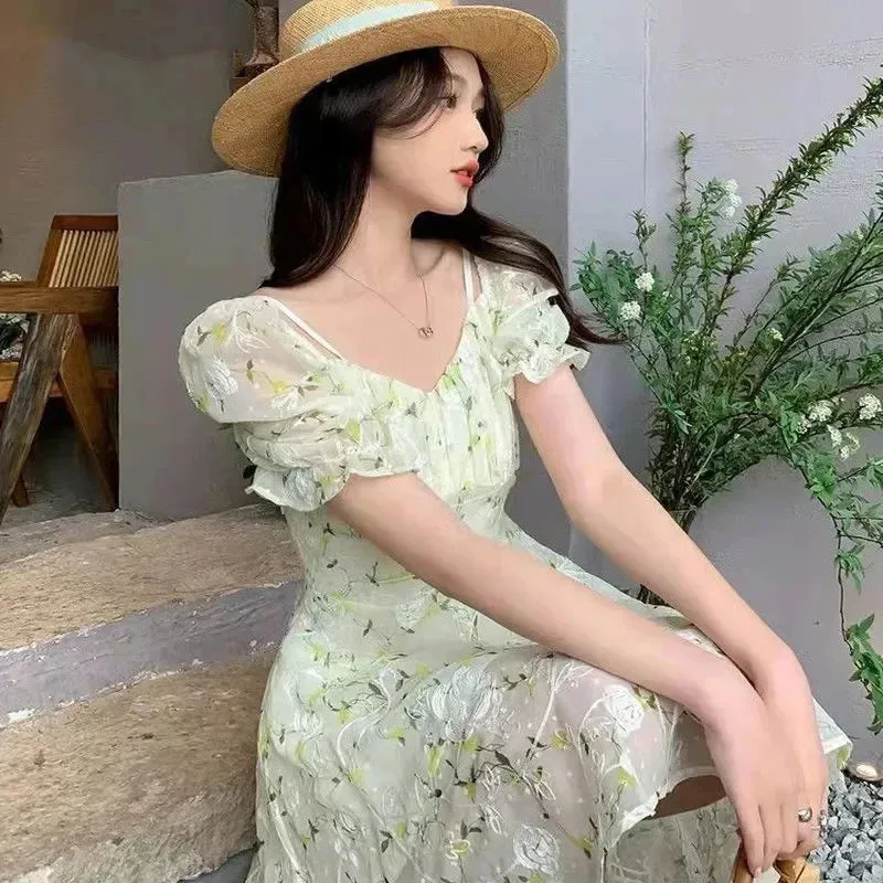 DressBetty - 2024 Fairycore Embroidery French Temperament Light Green Mini Floral Dress