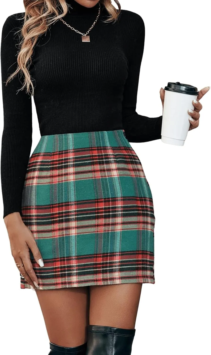 Floerns Women's Plaid High Waist Bodycon Mini Skirt
