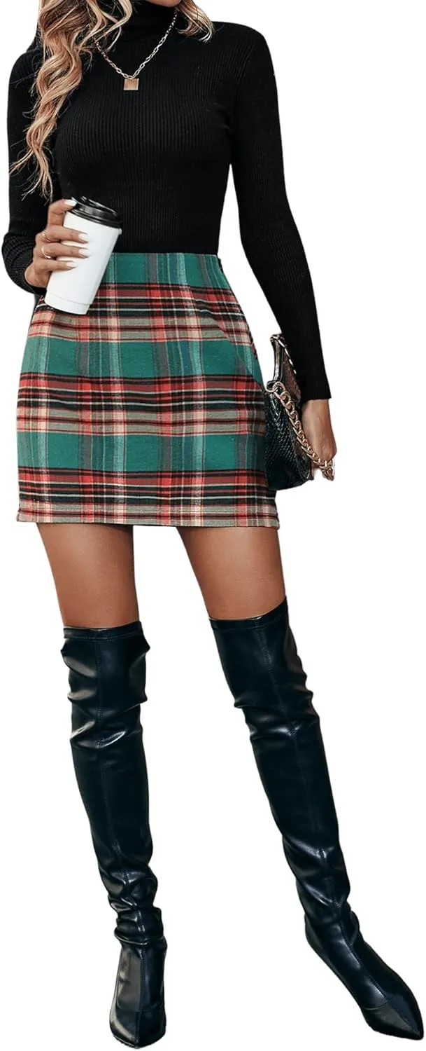 Floerns Women's Plaid High Waist Bodycon Mini Skirt
