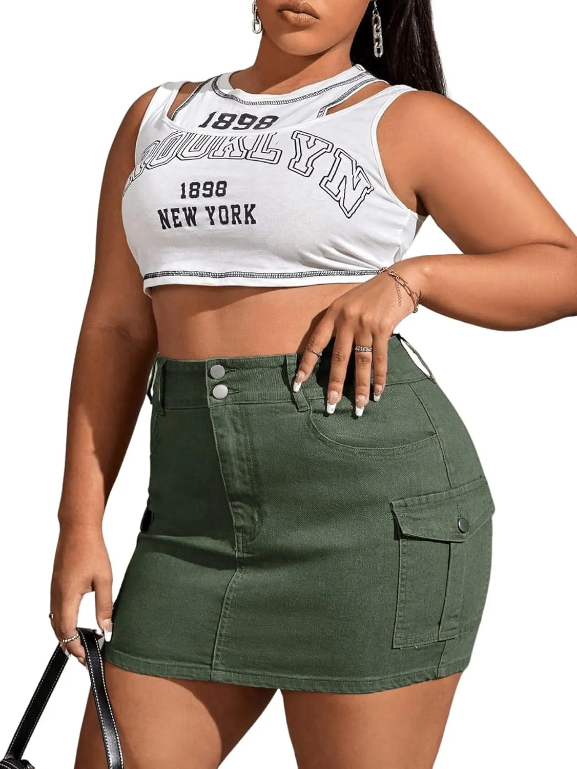 Floerns Women's Plus Size High Waist Skirt Flap Pocket Denim Mini Skirt