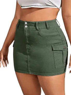 Floerns Women's Plus Size High Waist Skirt Flap Pocket Denim Mini Skirt