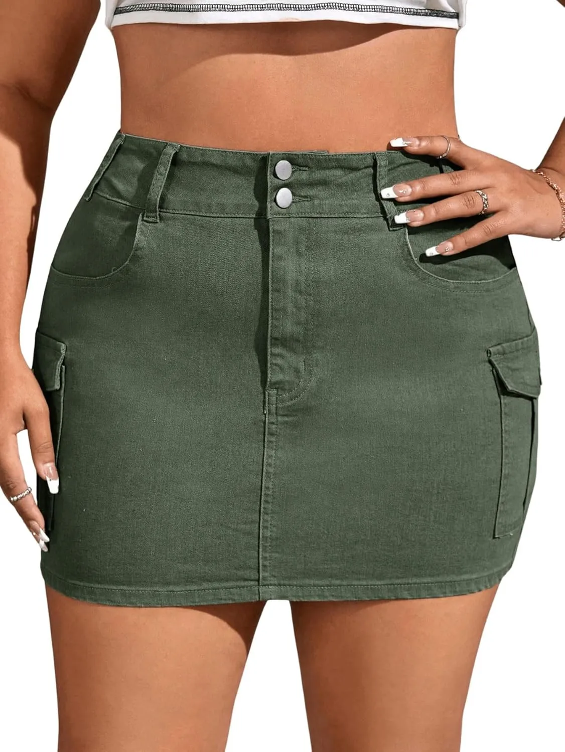 Floerns Women's Plus Size High Waist Skirt Flap Pocket Denim Mini Skirt
