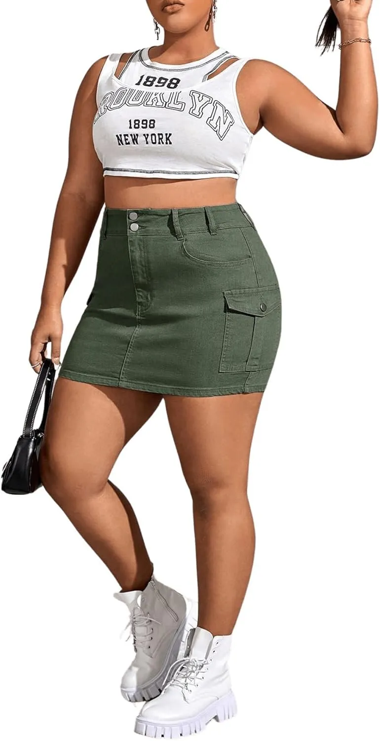 Floerns Women's Plus Size High Waist Skirt Flap Pocket Denim Mini Skirt