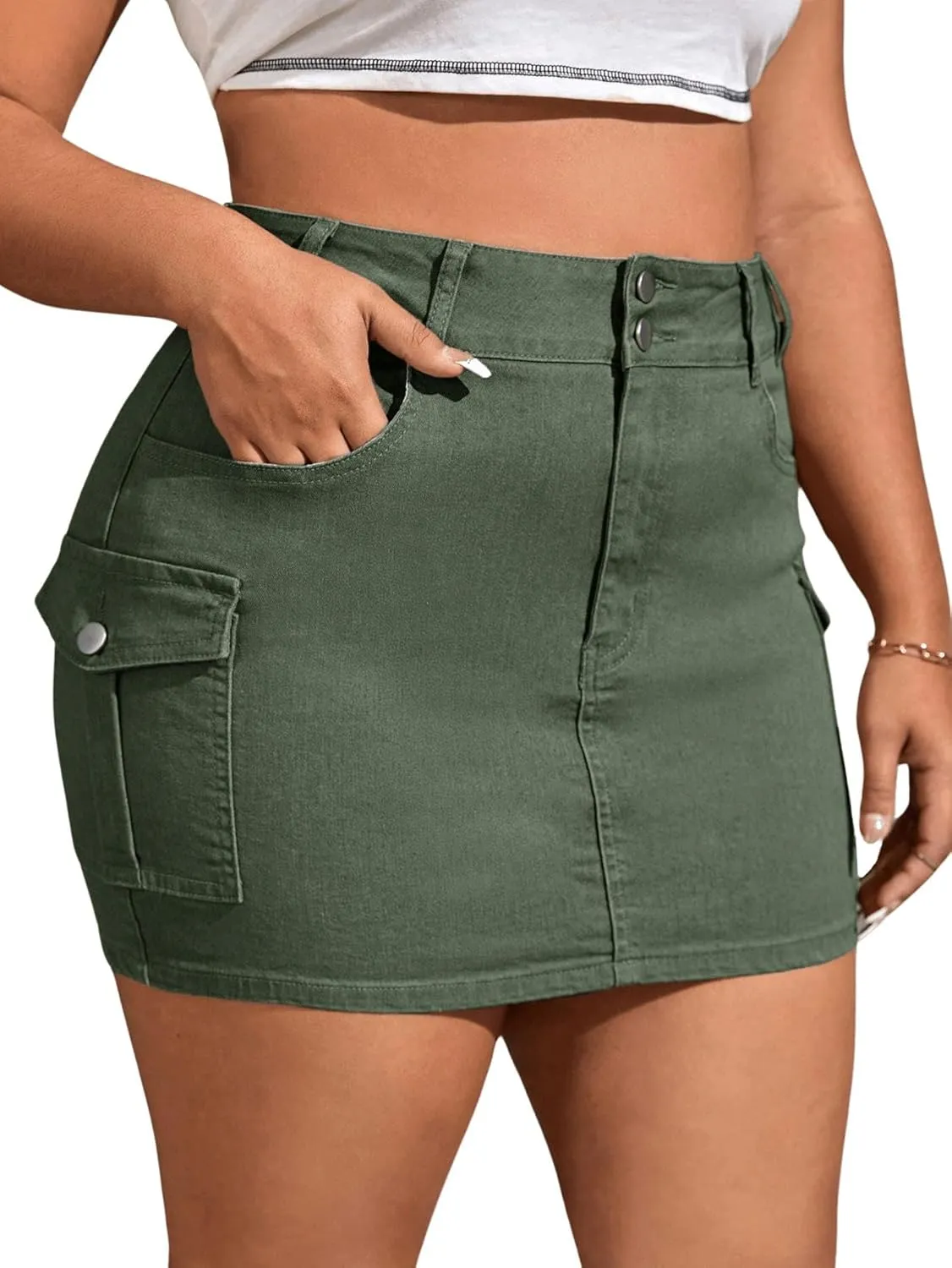 Floerns Women's Plus Size High Waist Skirt Flap Pocket Denim Mini Skirt