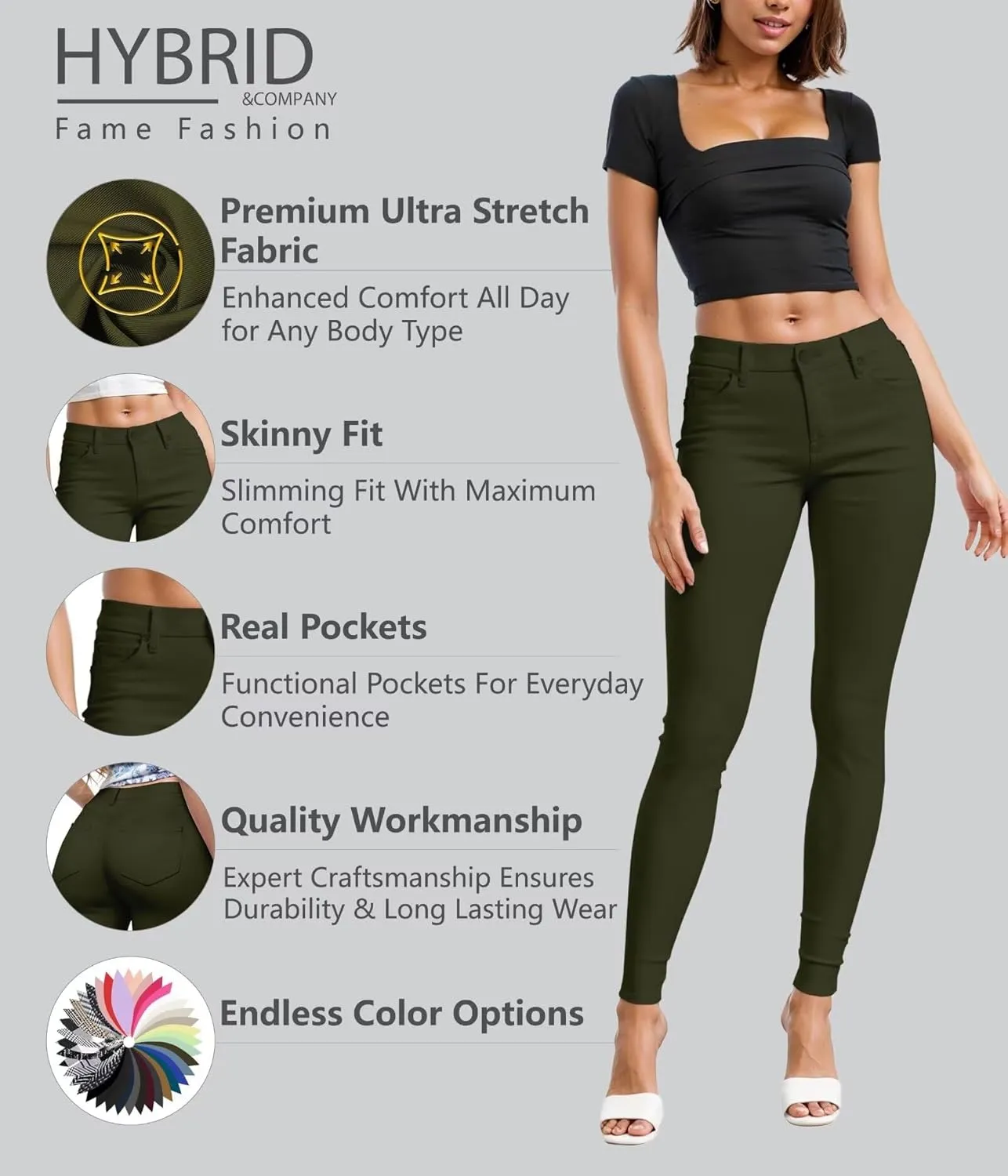 Hybrid & Company Womens Hyper Ultra Stretch Comfy Skinny Leg Work Casual Pants