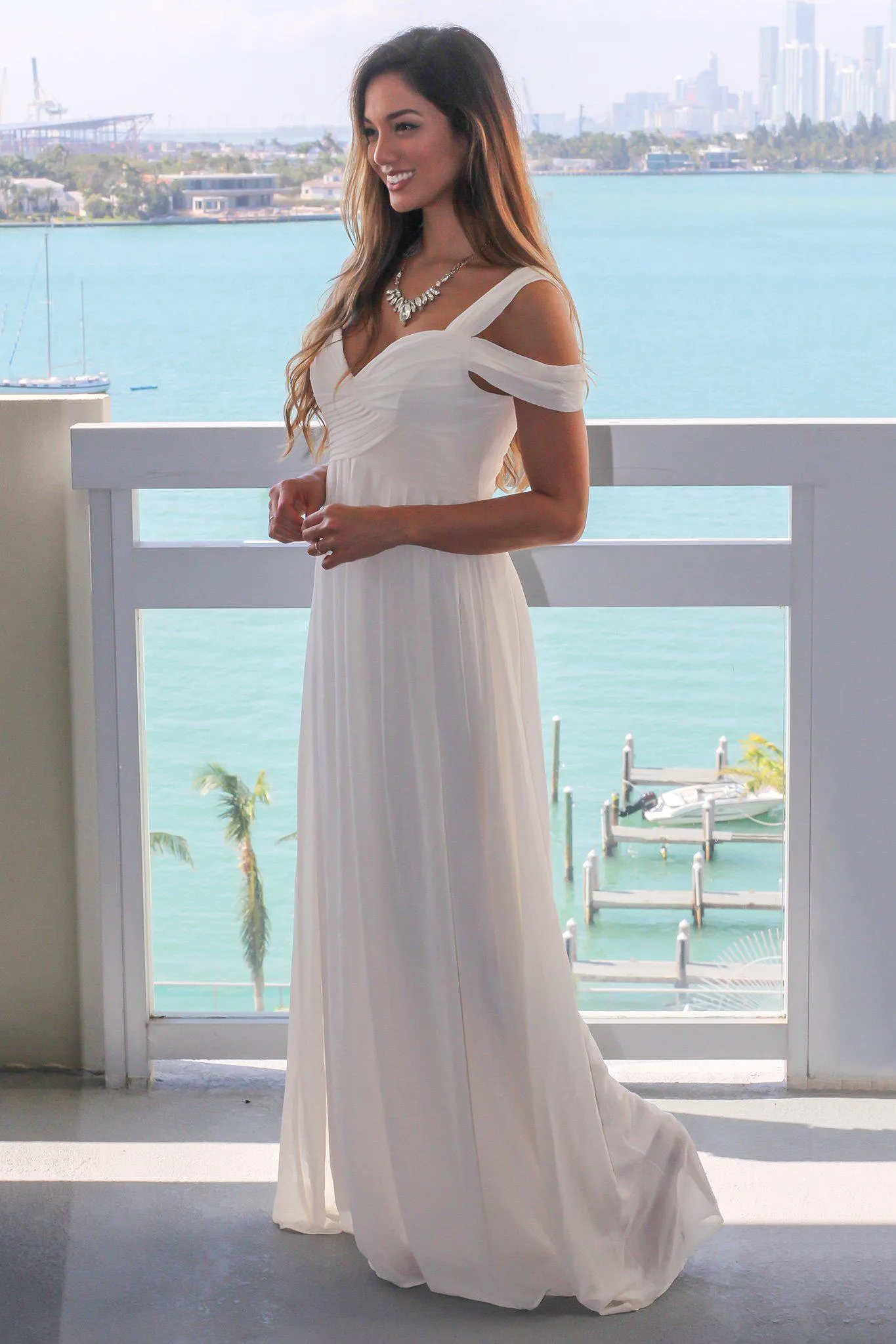 Ivory Off Shoulder Sleeveless Maxi Dress