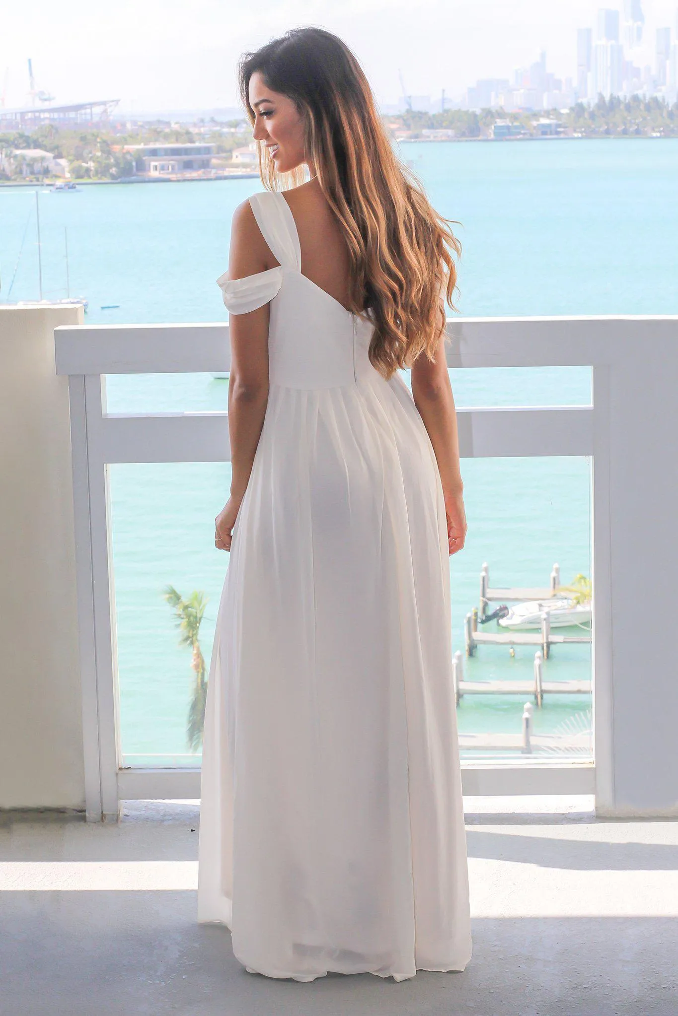 Ivory Off Shoulder Sleeveless Maxi Dress