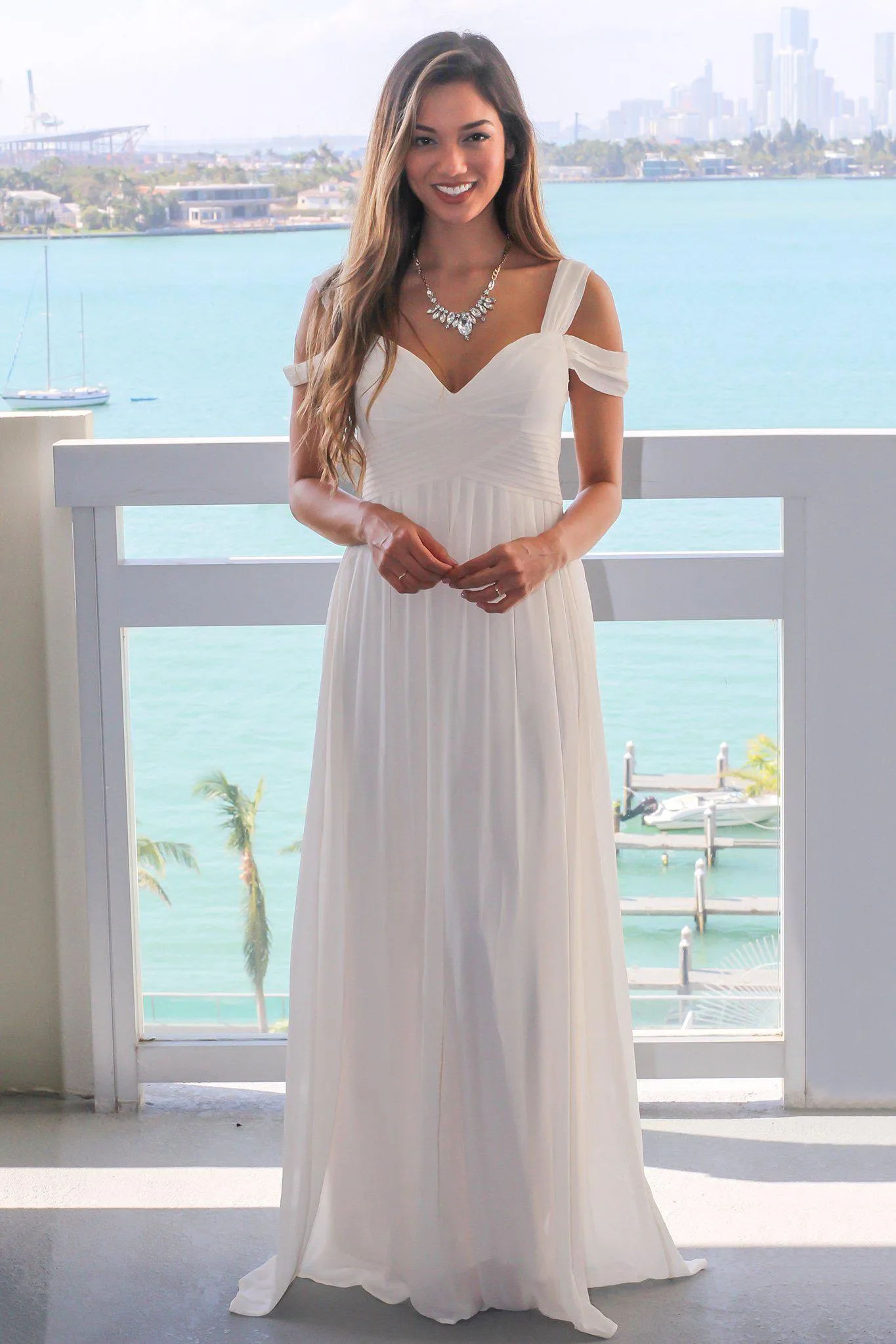 Ivory Off Shoulder Sleeveless Maxi Dress