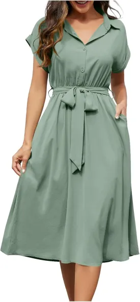 JOAU Womens Summer Beach 2025 Casual Midi Dresses V Neck Collared Short Sleeve Button Down Shirt Belted Dress with Pockets