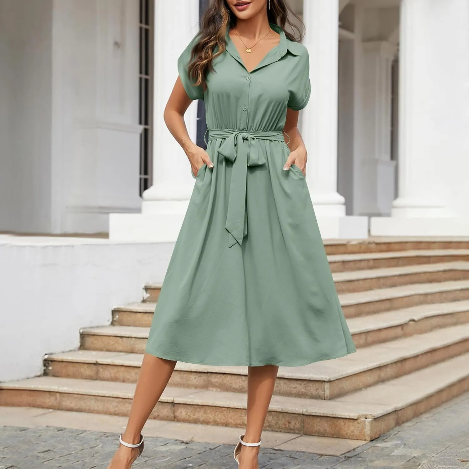 JOAU Womens Summer Beach 2025 Casual Midi Dresses V Neck Collared Short Sleeve Button Down Shirt Belted Dress with Pockets