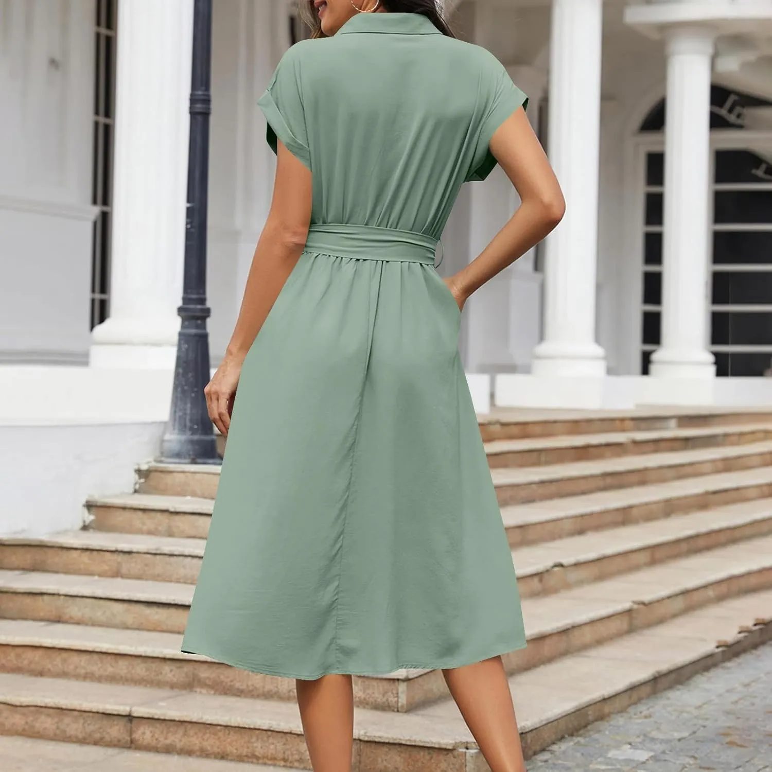 JOAU Womens Summer Beach 2025 Casual Midi Dresses V Neck Collared Short Sleeve Button Down Shirt Belted Dress with Pockets