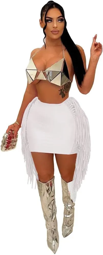 JYAOVO Women's Classic High Waist Bodycon A Line Mini Fringe Pencil Skirt